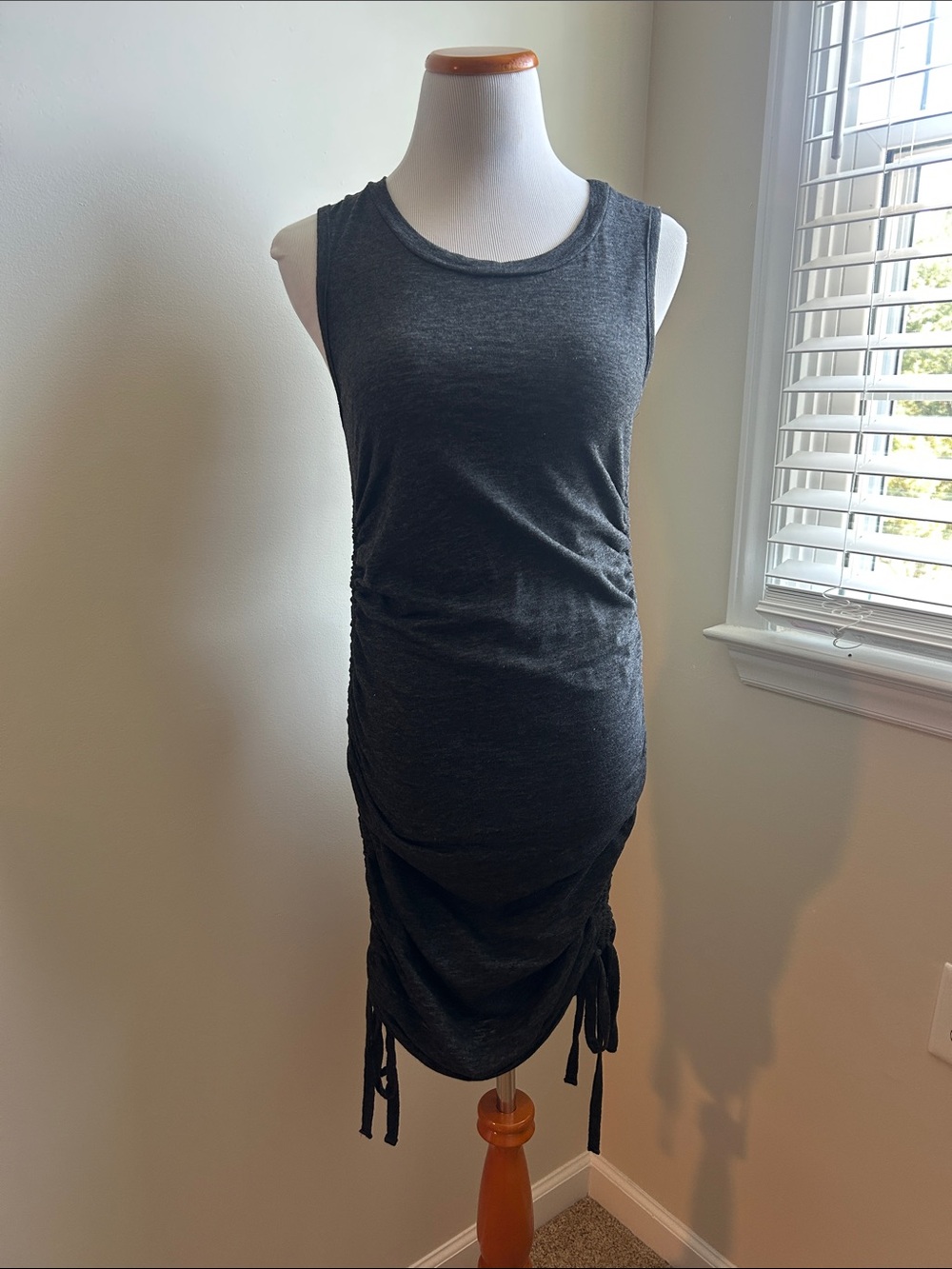 Charcoal Sleeveless Ruched Drawstring Dress - Rushing allows various lengths.